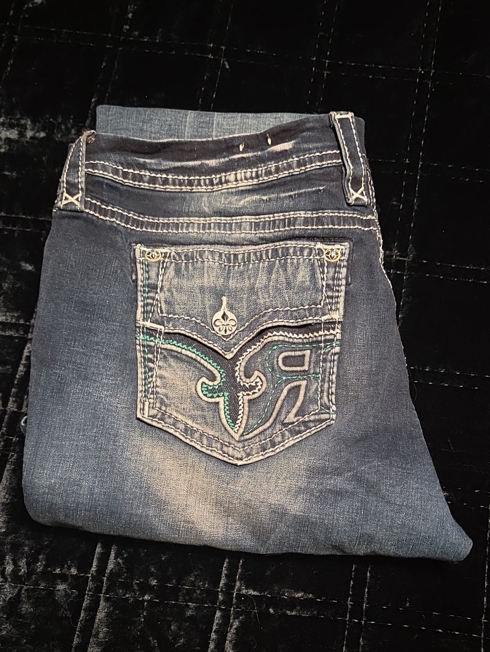 Rock Revival Sundee Easy Boot Cut Jeans Size 36 Heavy Stitch Flap Pocket